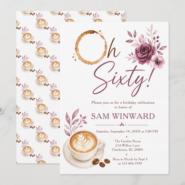Invitación Cumpleaños floral Oh Sesenta Café 60 (Anverso / Reverso)
