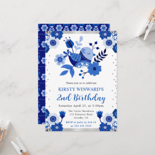 Invitación Cumpleaños Floral Pájaro Porcelana Acuarela