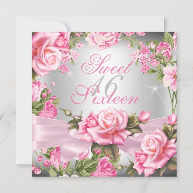 Invitación Cumpleaños Floral Plateado Arco Rosa Dulces 16 (Anverso)