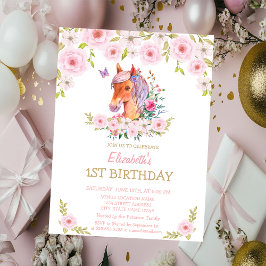 Invitación Cumpleaños Floral Poni Brillo Dorado 