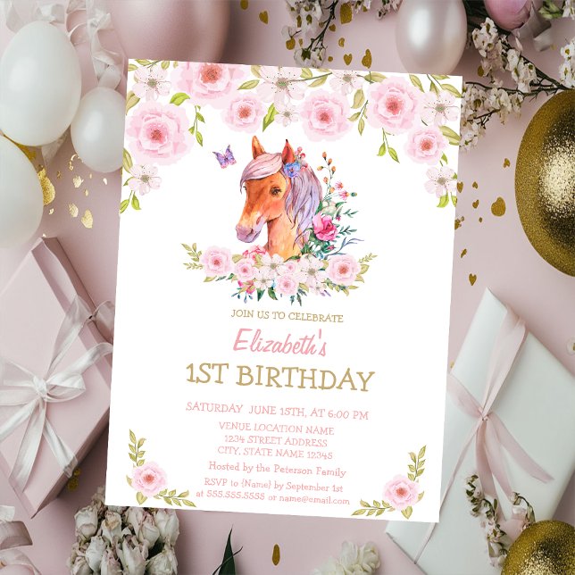 Invitación Cumpleaños Floral Poni Brillo Dorado  (Subido por el creador)