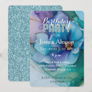 Invitación Cumpleaños Floral Purpura Brillo Azul Verde Teal D