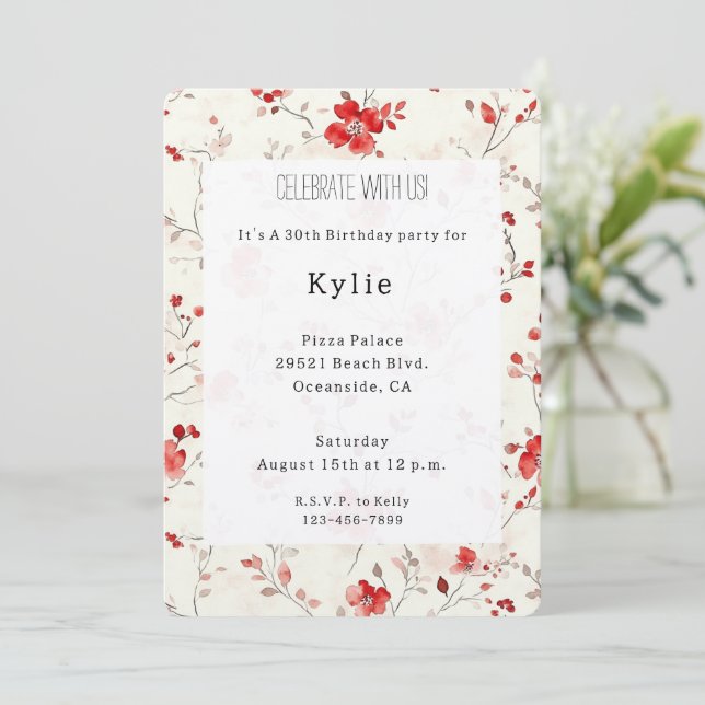 Invitación Cumpleaños Floral Rojo Crema   (Anverso de pie)