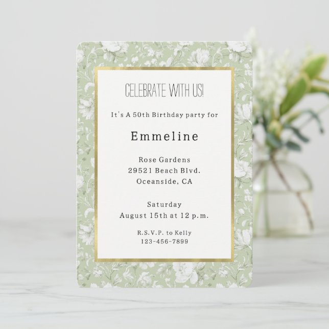 Invitación Cumpleaños Floral Romántico Blanco Verde (Anverso de pie)