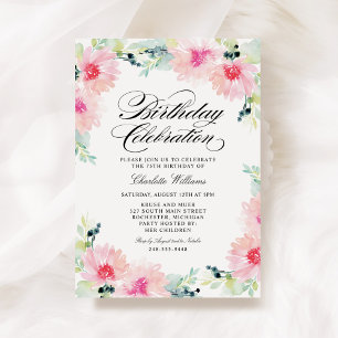 Invitación Cumpleaños Floral Rosa Acuarela