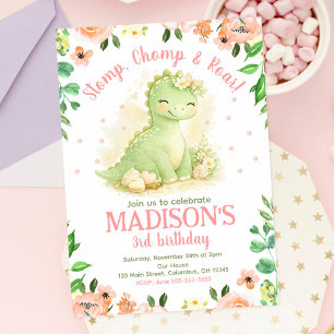 Invitación Cumpleaños Floral Rosa Acuarela de Dinosaurio Ador
