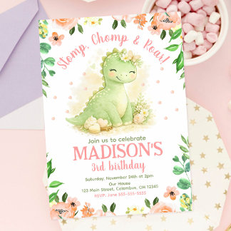 Invitación Cumpleaños Floral Rosa Acuarela de Dinosaurio Ador