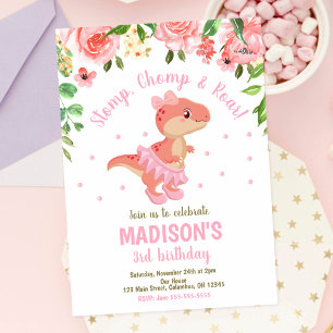 Invitación Cumpleaños Floral Rosa Bailarina Tutú Dinosaurio