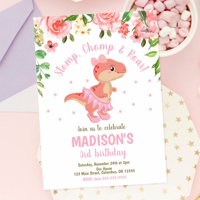 Invitación Cumpleaños Floral Rosa Bailarina Tutú Dinosaurio (Subido por el creador)