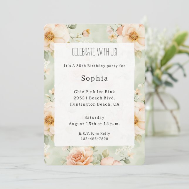Invitación Cumpleaños Floral Rosa Bonita Menta Melocotón (Anverso de pie)