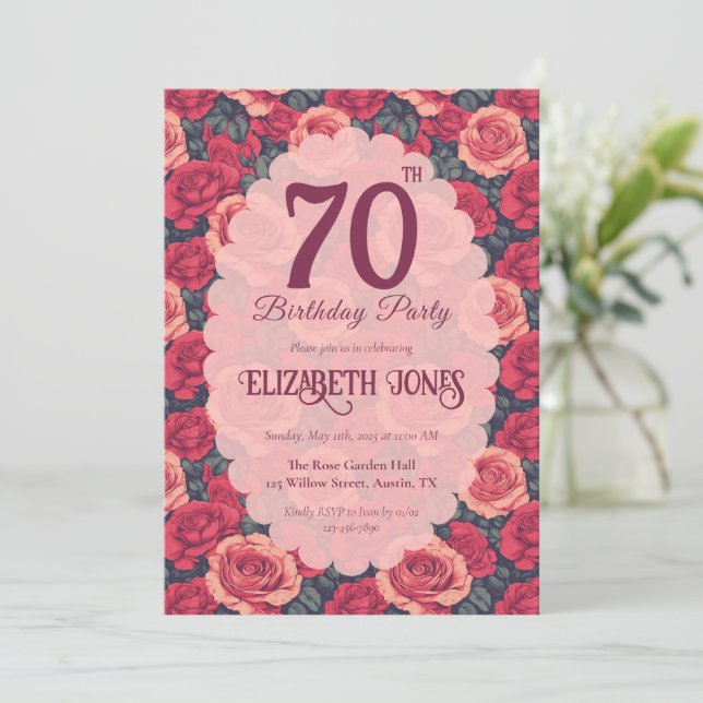 Invitación Cumpleaños floral Rosa Chic Hito (Anverso de pie)