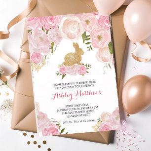 Invitación Cumpleaños Floral Rosa Conejo Dorado