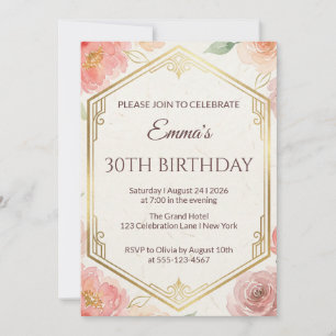 Invitación Cumpleaños Floral Rosa Coral Elegante de Hito