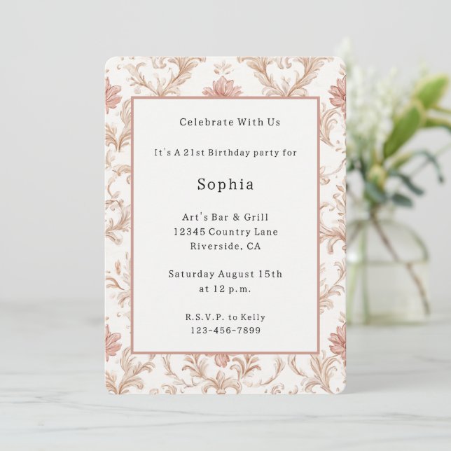 Invitación Cumpleaños Floral Rosa Crema Blanco (Anverso de pie)