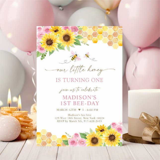 Invitación Cumpleaños Floral Rosa de Abeja de Miel de Giro (Subido por el creador)
