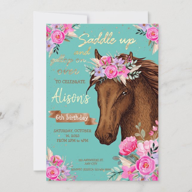 Invitación Cumpleaños Floral Rosa de Caballo (Anverso)