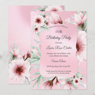 Invitación Cumpleaños Floral Rosa Desvanecido Bonito con Plat