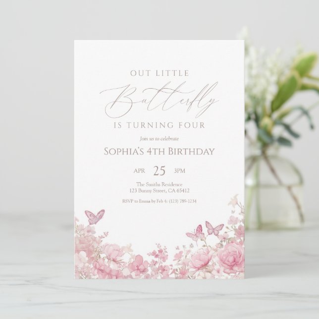 Invitación Cumpleaños Floral Rosa Mariposa (Anverso de pie)