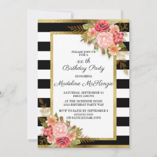 Invitación Cumpleaños Floral Rosa Rojo Rayas Negras Blancas D