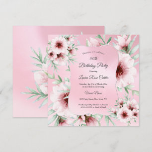 Invitación Cumpleaños floral rosa suave con toques plateados