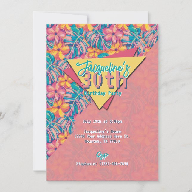 Invitación Cumpleaños floral rosa y amarilla retro (Anverso)