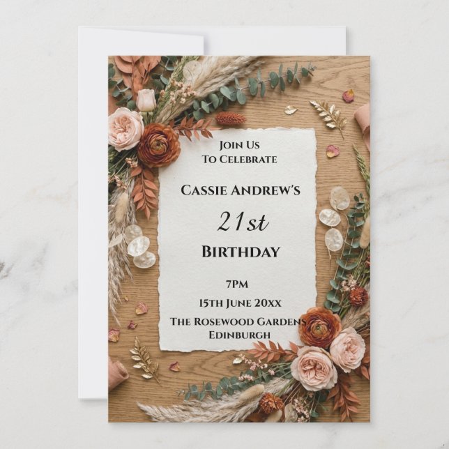 Invitación Cumpleaños Floral Rústico Hito (Anverso)