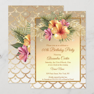 Invitación Cumpleaños Floral Sepia Dorado Rosa Hibisco