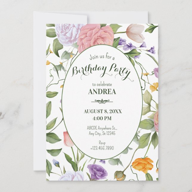 Invitación cumpleaños floral suave (Anverso)