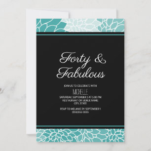 Invitación Cumpleaños Floral Teal Blanco 40 y Fabuoso