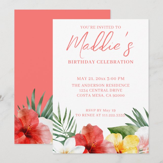 Invitación Cumpleaños Floral Tropical (Anverso / Reverso)