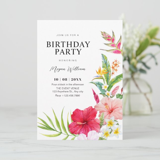 Invitación Cumpleaños floral tropical (Anverso de pie)