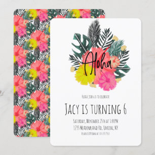 Invitación Cumpleaños floral tropical alohá dibujado a mano