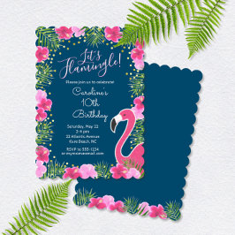 Invitación Cumpleaños Floral Tropical Azul de la Marina Flami