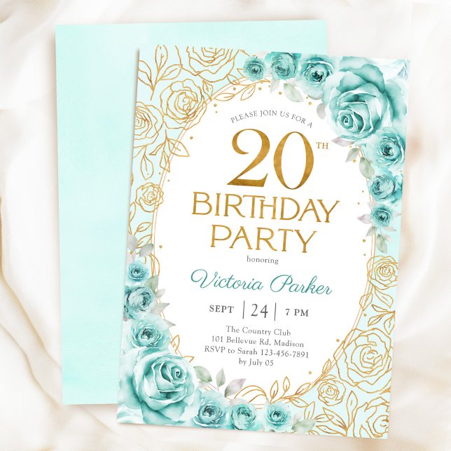 Invitación Cumpleaños floral turquesa dorado 20 (Subido por el creador)