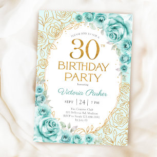 Invitación Cumpleaños floral turquesa dorado 30