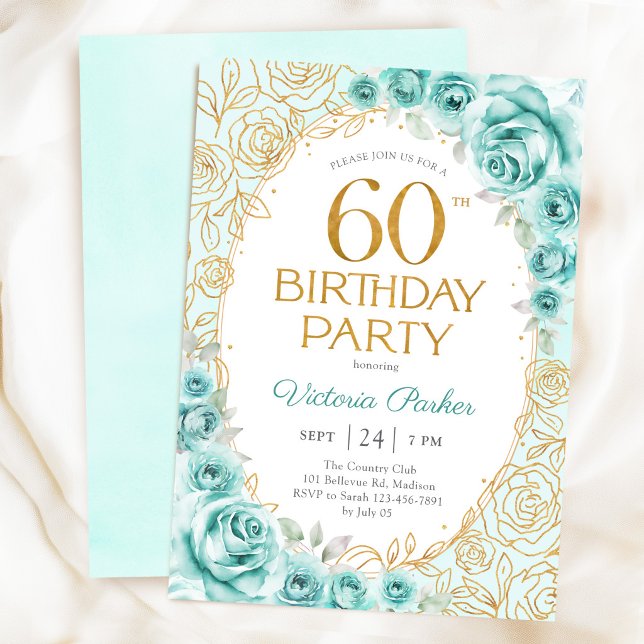 Invitación Cumpleaños floral turquesa dorado 60 (Subido por el creador)