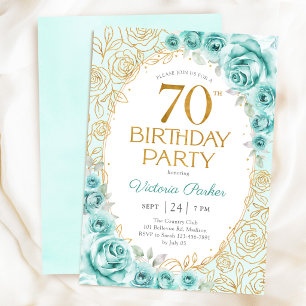 Invitación Cumpleaños floral turquesa dorado 70
