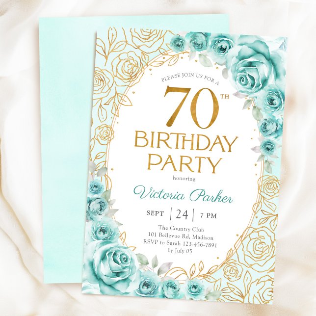 Invitación Cumpleaños floral turquesa dorado 70 (Subido por el creador)