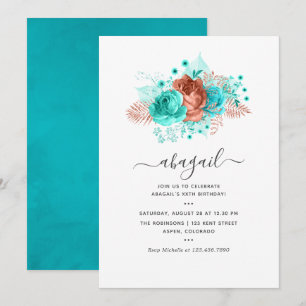 Invitación Cumpleaños Floral Turquesa y Coral