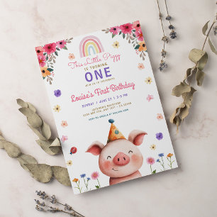 Invitación Cumpleaños floral verde de cerdito lindo rosa