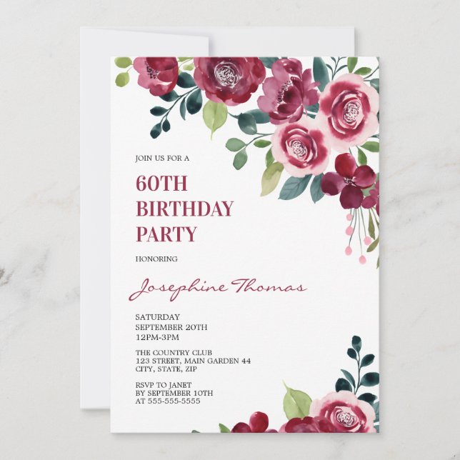 Invitación Cumpleaños floral verde de rosa rosa granate (Anverso)