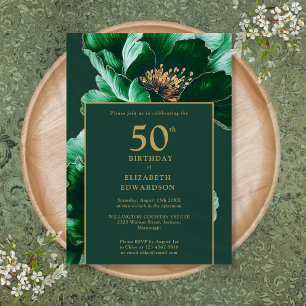Invitación Cumpleaños Floral Verde Esmeralda y Dorado