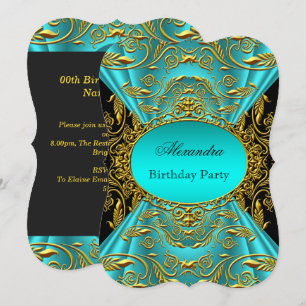 Invitación Cumpleaños Floral Verde Jade Azul Turquesa Negro