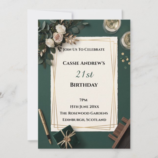 Invitación Cumpleaños Floral Verde Oscuro Hito (Anverso)