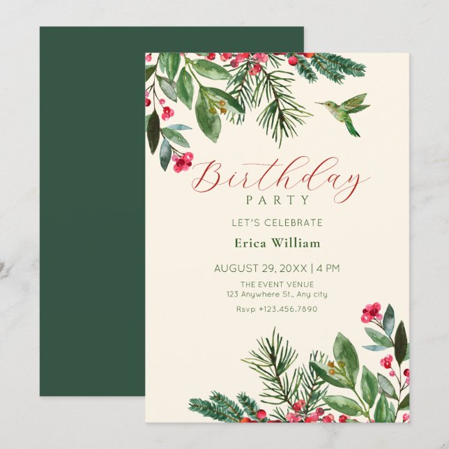 Invitación Cumpleaños floral verde rojo (Anverso / Reverso)