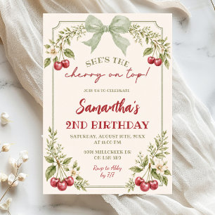 Invitación Cumpleaños Floral Verde Salvia con Cereza Encima