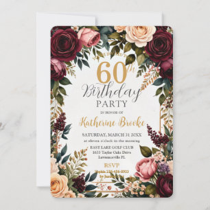 Invitación Cumpleaños floral vintage de rico burgundy y blush