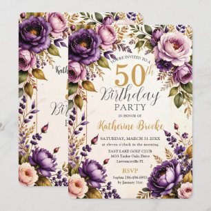 Invitación Cumpleaños Floral Vintage Lila Tono Rosa Púrpura O