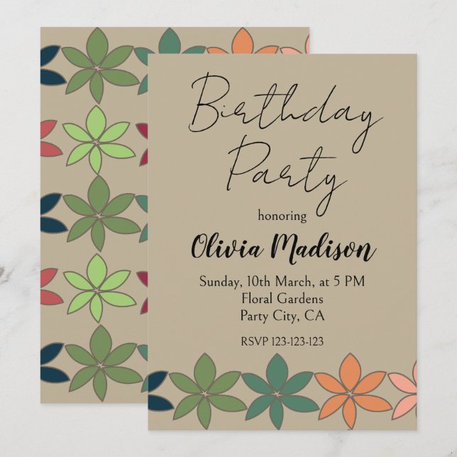 Invitación Cumpleaños Floral y colorida (Anverso / Reverso)