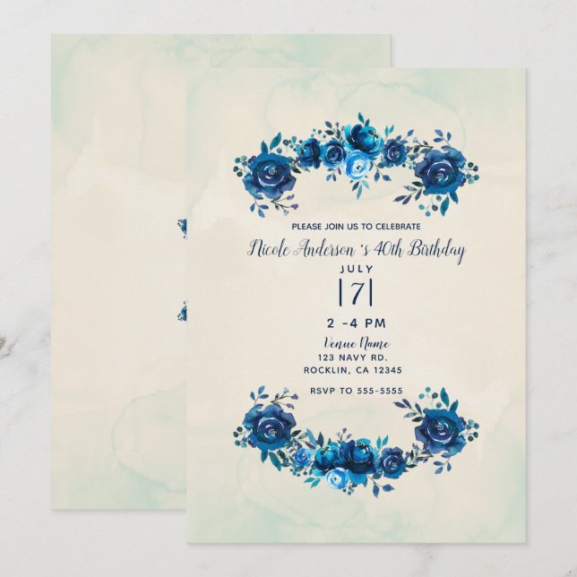 Invitación Cumpleaños Flores Acuarela Azul Índigo Beige (Anverso / Reverso)